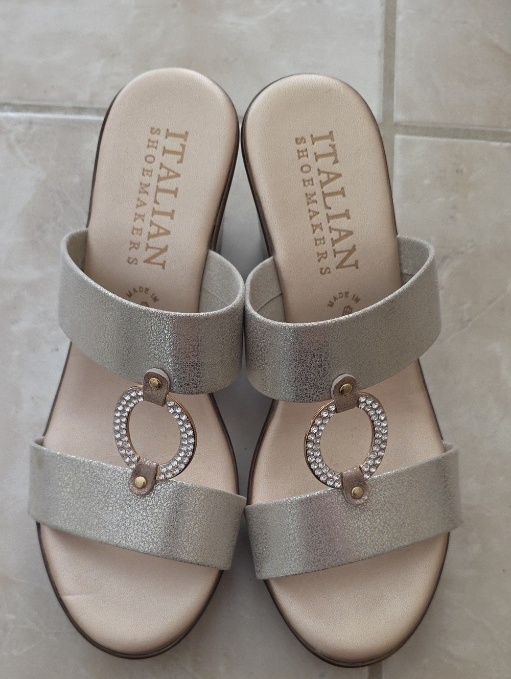 Italian Shoemakers Metallic Silver Slide Mules with Crystal Ring